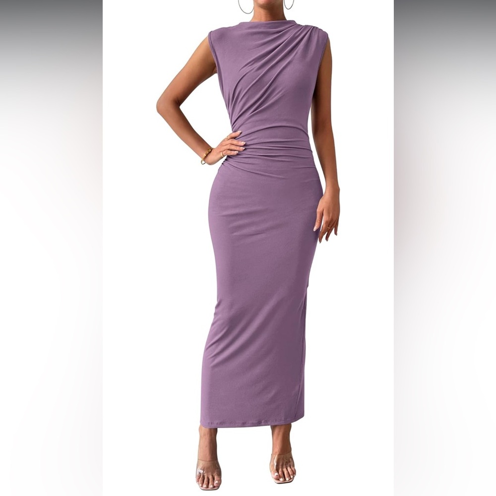 Women's Ruched Bodycon Dress Summer Casual Sleeveless Back Slit Elegant